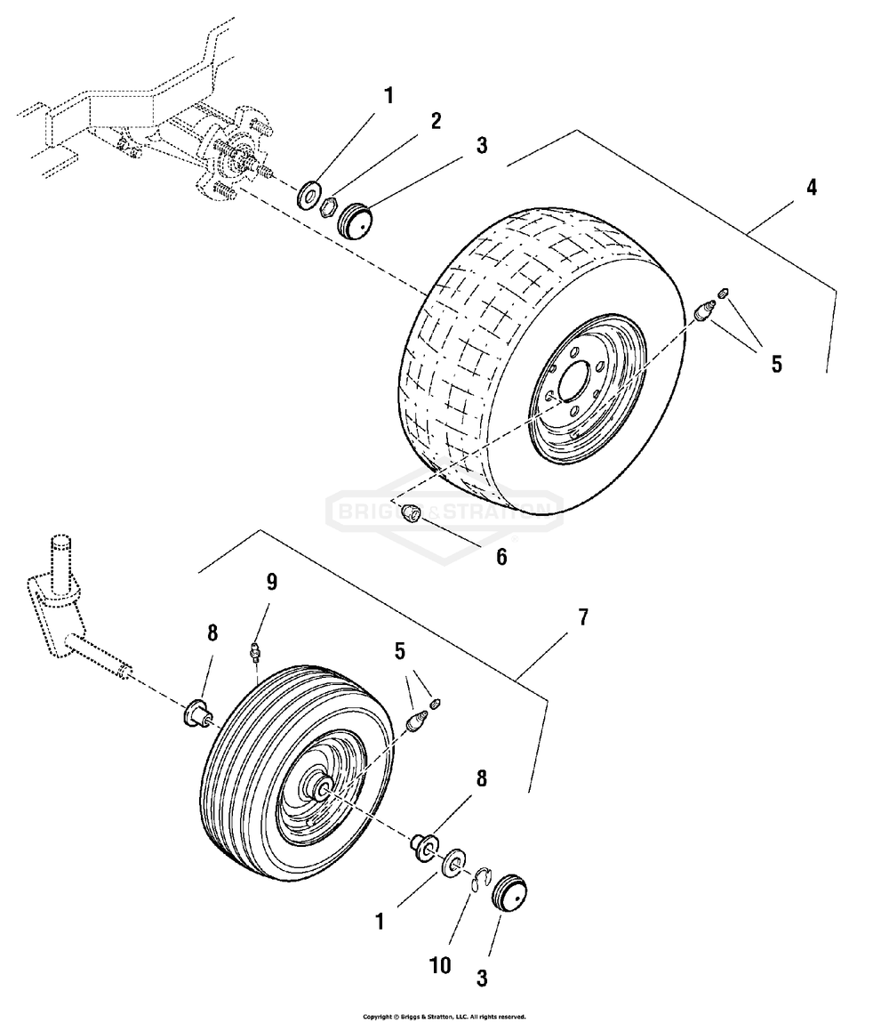 Wheels And Tires Group Diagram and Parts List for 2277700-107277700-ZT7000 2004 Briggs and Stratton Lawn Tractor